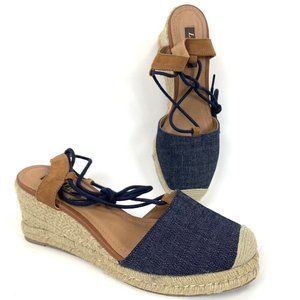Lia Line Espadrille Wedge USA 8 Shoes Blue Denim Closed Toe Made in Brazil NEW